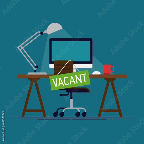 Cool flat vector design concept on vacant workplace. Job vacancy illustration with abstract office desk with computer, chair and 'Vacant' sign hanged on it. Empty work place