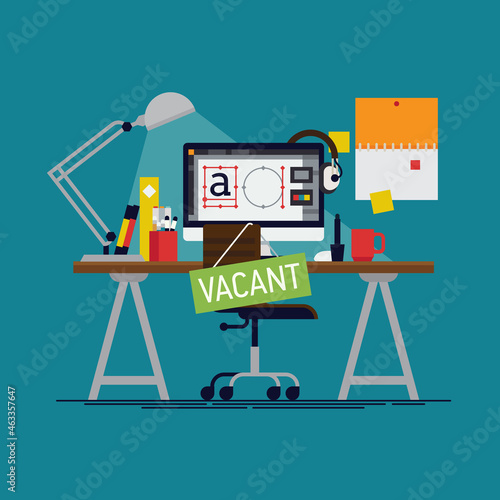 Graphic designer vacancy. Cool vector flat design on 'Creative professional wanted' banner. Ideal for job vacancy announcement and executive search or headhunting