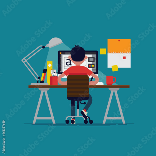 Graphic design professional in the middle of workflow, back view. Cool vector flat design illustration on creative specialist at work with man working with graphic editor on desktop computer