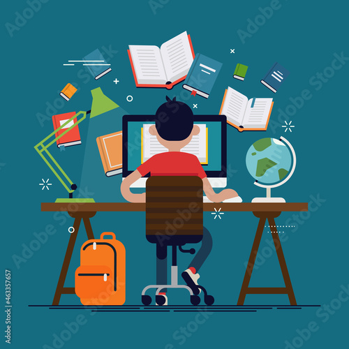 Student in learning process, back view. Kid sitting behind his desk studying online using his computer flat vector illustration with work table, school backpack, books globe, etc.