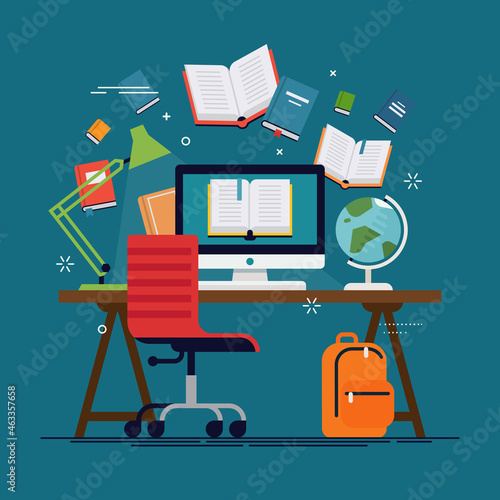 Flat vector concept on e-learning and online education. E-books, internet courses and graduation process. ideal for online teaching themed banners, publications, social media posts