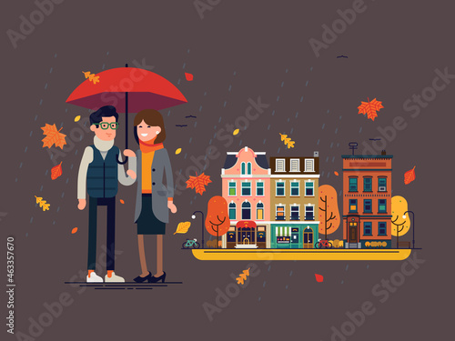 Couple under umbrella in autumn outfits standing with town street on background, flat vector