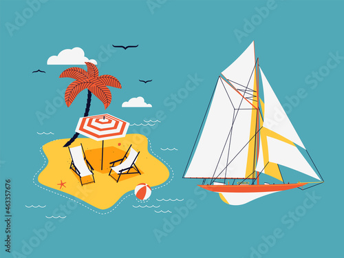 Cool vector set of sailing themed design elements in limited color scheme featuring abstract island with palm tree, parasol and chaise lounge chairs and sailing yacht