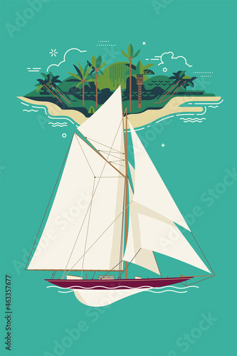 Cool set of sailing themed vector flat design elements featuring abstract tropical island sailing yacht