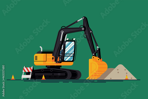 Under construction vector concept with excavator, road barrier, dirt pile and traffic cones photo