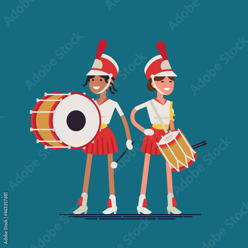 Marching band drummer girls. Flat vector character design on street music festival parade orchestra band female members wearing uniform, shako hats, snare and base drums photo