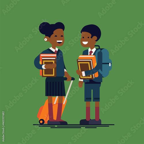 Couple of african school kids wearing uniforms with backpacks and books ready for school year. Flat vector character design on elementary school students