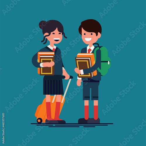Couple of caucasian school kids wearing uniforms with backpacks and books ready for school year. Flat vector character design on elementary school students