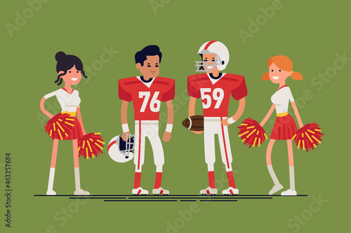 Cool vector character design on american football players and cheerleaders standing. Professional american football team members line up. Sports career professionals