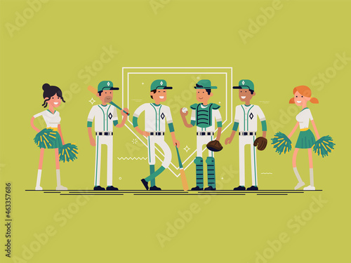 Cool vector character design on baseball players and cheerleaders standing. Professional baseball team members line up. Sports career professionals