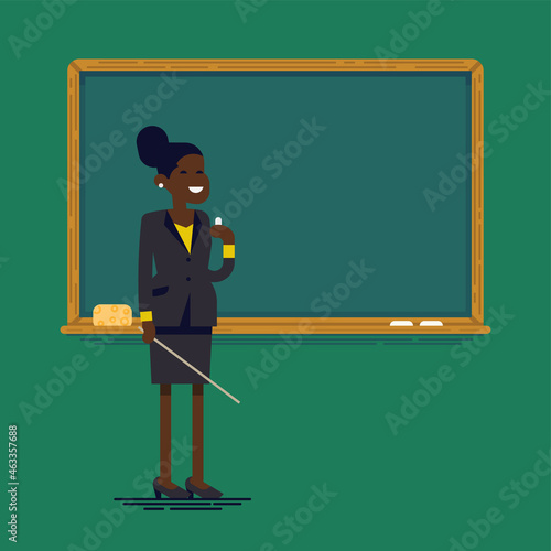African american female school or university teacher or professor standing next to classroom chalkboard holding chalk and pointer. Flat vector character design on teacher woman