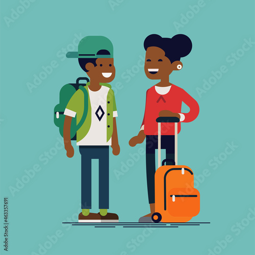 Couple of casually clothed african school kids with backpacks ready for school year. Flat vector character design on elementary school students