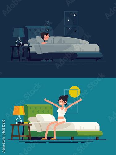 Woman sleeping at night and waking up in the morning. Flat vector illustration on lady resting in his bedroom and stretching sitting on his bed after getting up