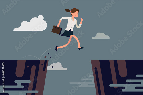 Businesswoman jumping over abyss. Cool vector concept illustration on overcoming obstacles in career or business with running business lady jumping over abstract precipice
