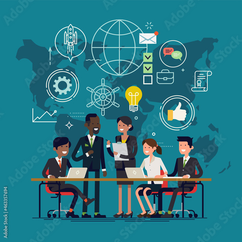 Team work process concept illustration. Vector flat design illustration on group of businessmen meeting on global planning and marketing research