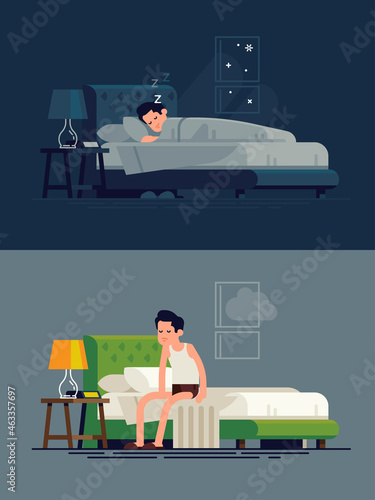 Cool vector concept on man sleeping in his bed and waking up feeling sleepy. Man resting in his bedroom and sitting feeling tired on his bed after getting up