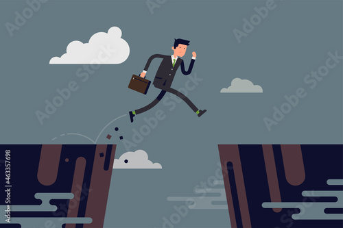 Businessman jumping over abyss. Cool vector concept illustration on overcoming obstacles in career or business with running business man in formal suit jumping over abstract precipice