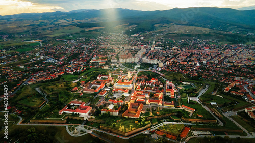 Aerial drone view of Alba Carolina Citadel in Alba-Iulia, Romania