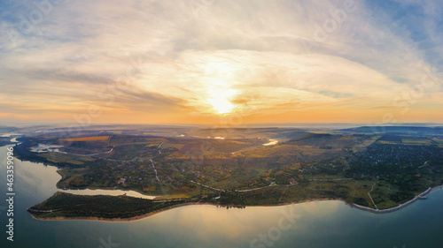 Aerial drone view of nature in Moldova at sunset