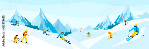 Winter mountain landscape with many different skiers. Happy man, woman with kids ride skies in Alps. Blue sky, tops of rocks on background. Winter sport activities. Skiing resort. Vector illustration