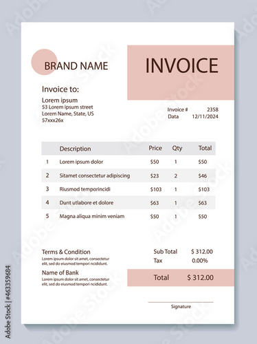 Invoice for cosmetic services. Bill form business invoice accounting.Vector illustration. Minimalist beauty industry template