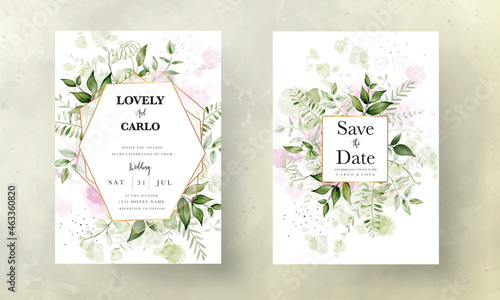 elegant leaves watercolor wedding invitation with splash watercolor background