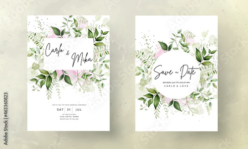 elegant leaves watercolor wedding invitation with splash watercolor background