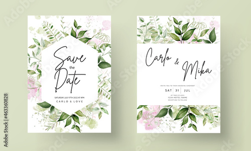 elegant leaves watercolor wedding invitation with splash watercolor background