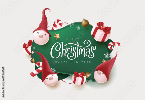 Merry Christmas and happy new year banner with cute gnome and festive decoration for christmas