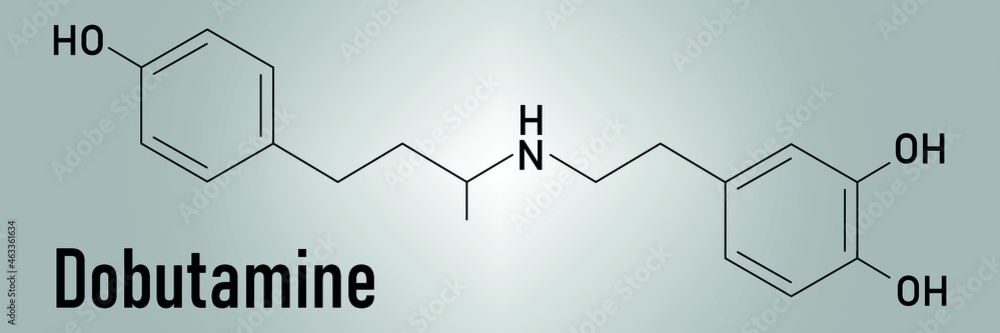Dobutamine sympathomimetic drug molecule. Skeletal formula.