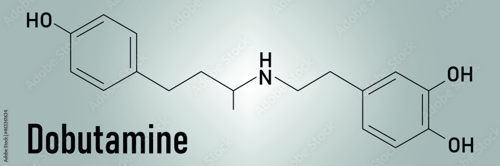 Dobutamine sympathomimetic drug molecule. Skeletal formula. Dobutamine sympathomimetic drug molecule. Skeletal formula.