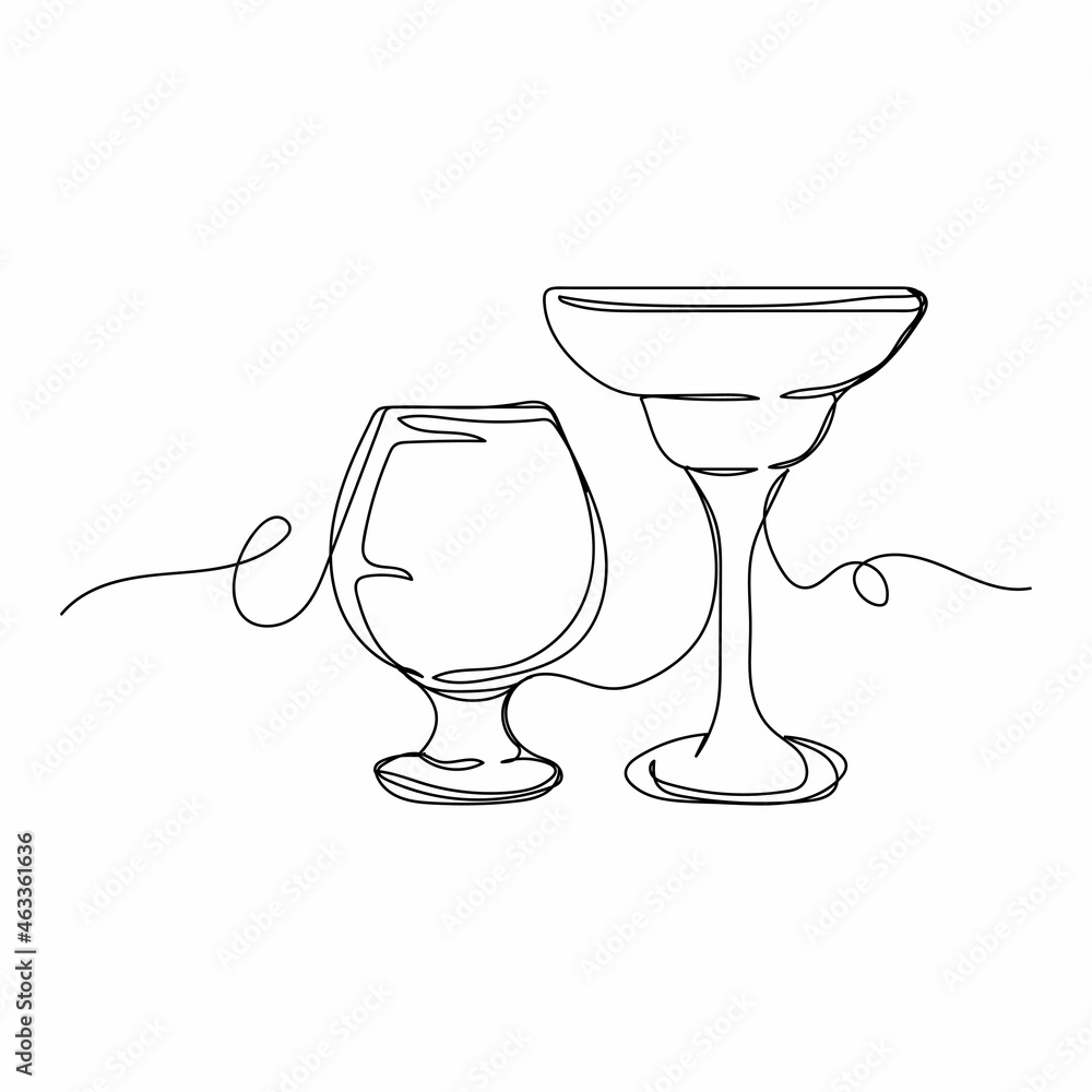 Vector continuous one single line drawing of two empty wine glasses in silhouette on a white background. Linear stylized. Vector continuous one single line drawing of two empty wine glasses in silhouette on a white background. Linear stylized.