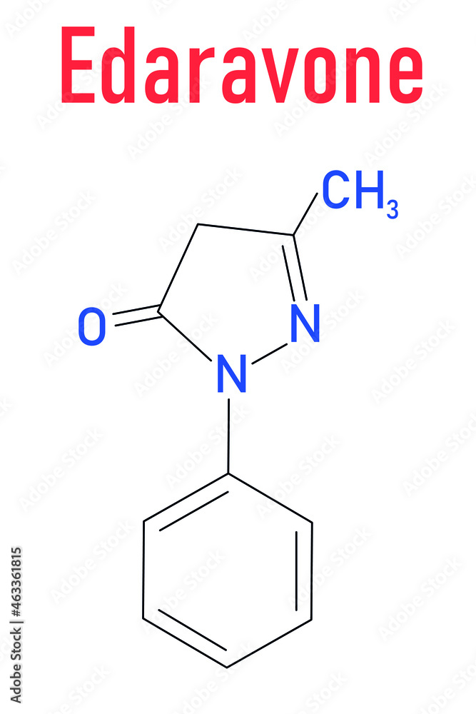 Edaravone drug molecule. Skeletal formula. Edaravone drug molecule. Skeletal formula.