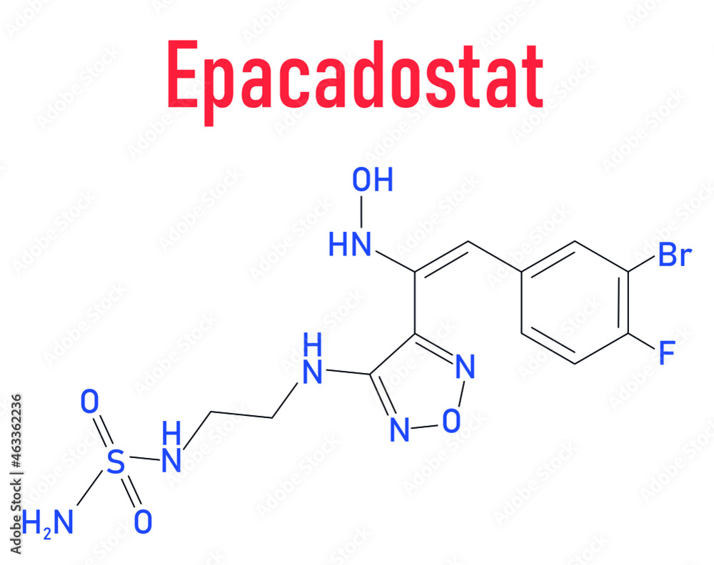 Epacadostat cancer drug molecule (indoleamine 2,3-dioxygenase inhibitor). Skeletal formula. Epacadostat cancer drug molecule (indoleamine 2,3-dioxygenase inhibitor). Skeletal formula.