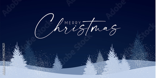 Holiday winter landscape background with coniferous forest. Christmas and New Year design.