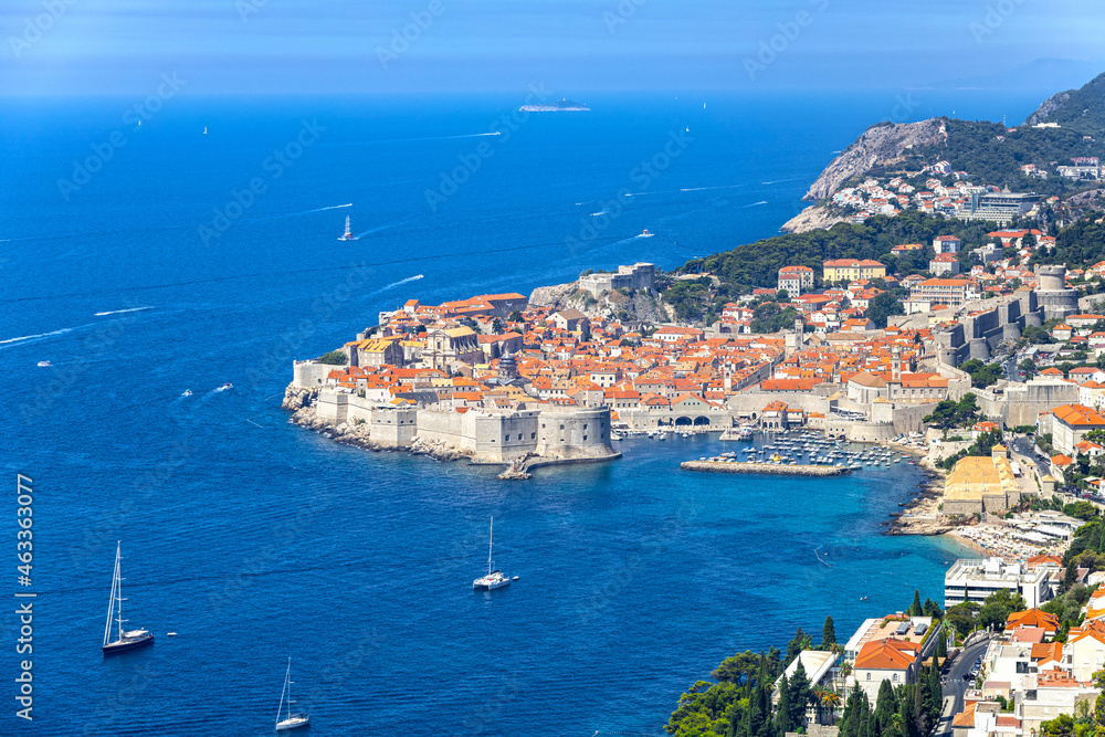 Dubrovnik, Croatia. Picturesque view on the old town (medieval Ragusa) and Dalmatian Coast of Adriatic Sea.