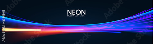 Neon striped light effect with fluid color. Abstract shining wave background. Magic screen design.