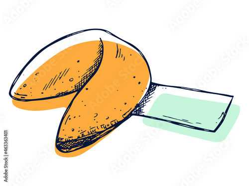 Vector hand drawn chinese fortune cookies isolated on white backgrounds. Food illustration. Crisp cookie with a blank piece of paper inside. For print, web, design, decor, logo.