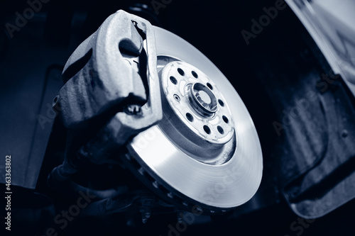 Quadro su tela Closeup of steel brake disc in car service