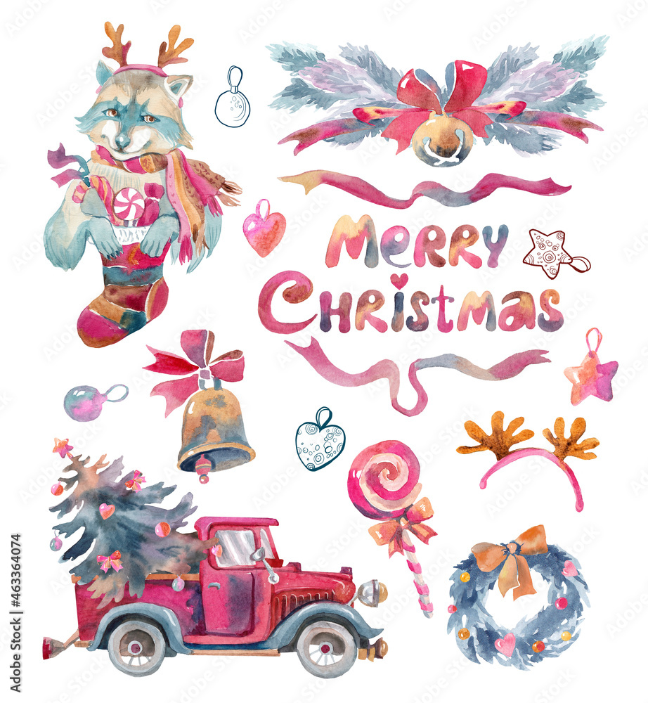 Naklejka premium Watercolor set with raccoon, truck, christmas tree and inscription. For website planner diary stickers, invitation labels banners.