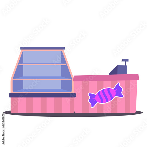 Empty candy store flat vector illustration. Candy shop without people. Candy shop business, candy counter for sweets and cash register