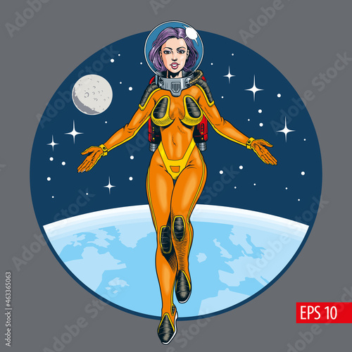 Astronaut woman in space suit flying in outer space near a planet. Moon and stars on background. Vintage comic book style vector illustration.