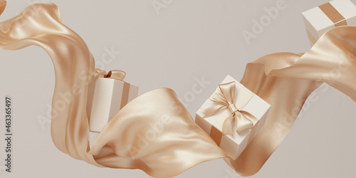 Give gift  holidays are coming concept. Christmas minimal composition. Flying golden color fabric and gifts     holiday fashion banner 3d rendering
