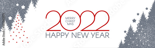 Happy New 2022 Year flyer design template. Elegant white card with Christmas trees. Coniferous forest