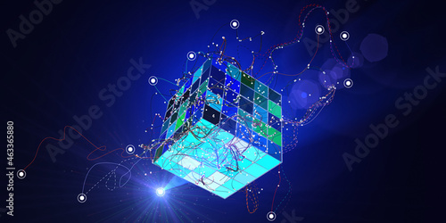 Fototapeta Naklejka Na Ścianę i Meble -  Big data. Abstract technology background with  lines connecting dots of poly cube and spot.  Analytics algorithms data.  Quantum cryptography concept.  Banner for business, science and technology.