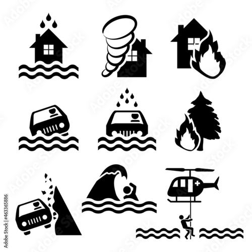 Série de pictogrammes représentant différentes catastrophes - inondation, tornade, incendie, éboulement, tsunami, sauvetage.