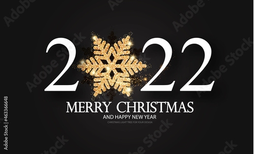 Happy 2022 New Year Elegant Christmas congratulation with gold snowflakes.