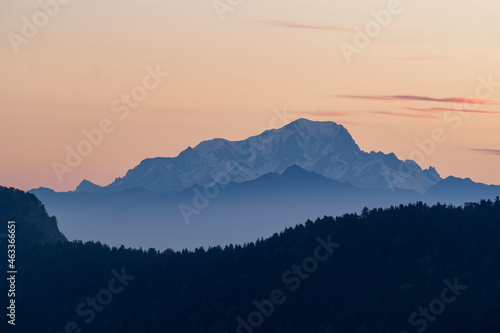 Layers of mountains in the fog with Mont Blanc in the background