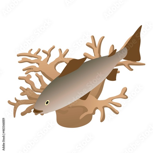 Sea life icon isometric vector. Swimming fish and dark brown seaweed icon. Marine environment, underwater world