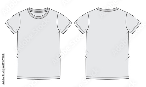 Short sleeve Basic T-shirt technical fashion flat sketch vector Illustration template front and back views. Basic apparel Design Mock up for Kids, boys Isolated on white background. 